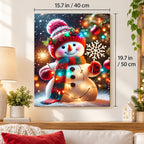 Snowfall Holiday Glow Snowman paint by numbers canvas displayed in a bright living room, 15.7 × 19.7 in / 40 × 50 cm