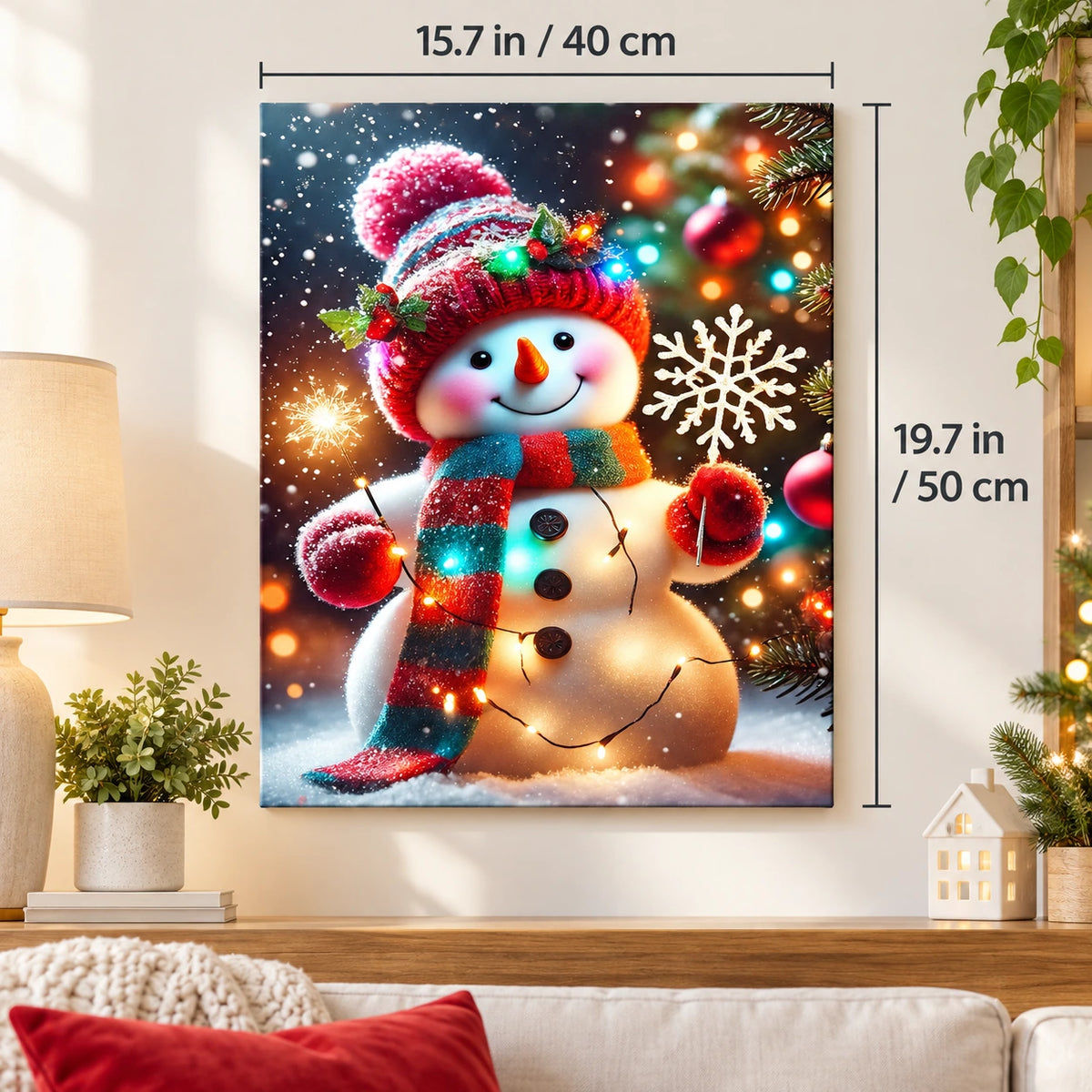 Snowfall Holiday Glow Snowman paint by numbers canvas displayed in a bright living room, 15.7 × 19.7 in / 40 × 50 cm