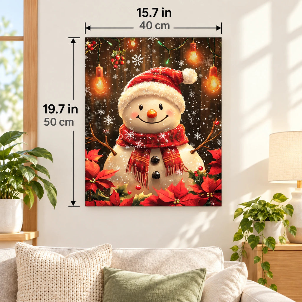 Snowfall Santa Snowman paint by numbers canvas displayed in a bright living room, 15.7 × 19.7 in / 40 × 50 cm