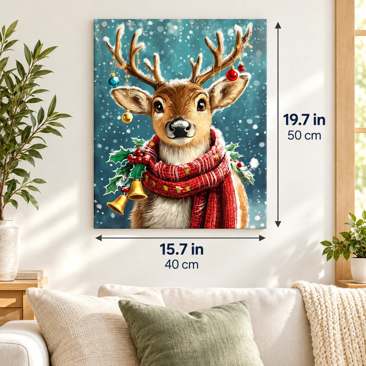 Snowfall Scarf Reindeer paint by numbers canvas displayed in a bright living room, 15.7 × 19.7 in / 40 × 50 cm