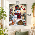 Snowfall Woodland Welcome Snowman paint by numbers canvas displayed in a bright living room, 15.7 × 19.7 in / 40 × 50 cm