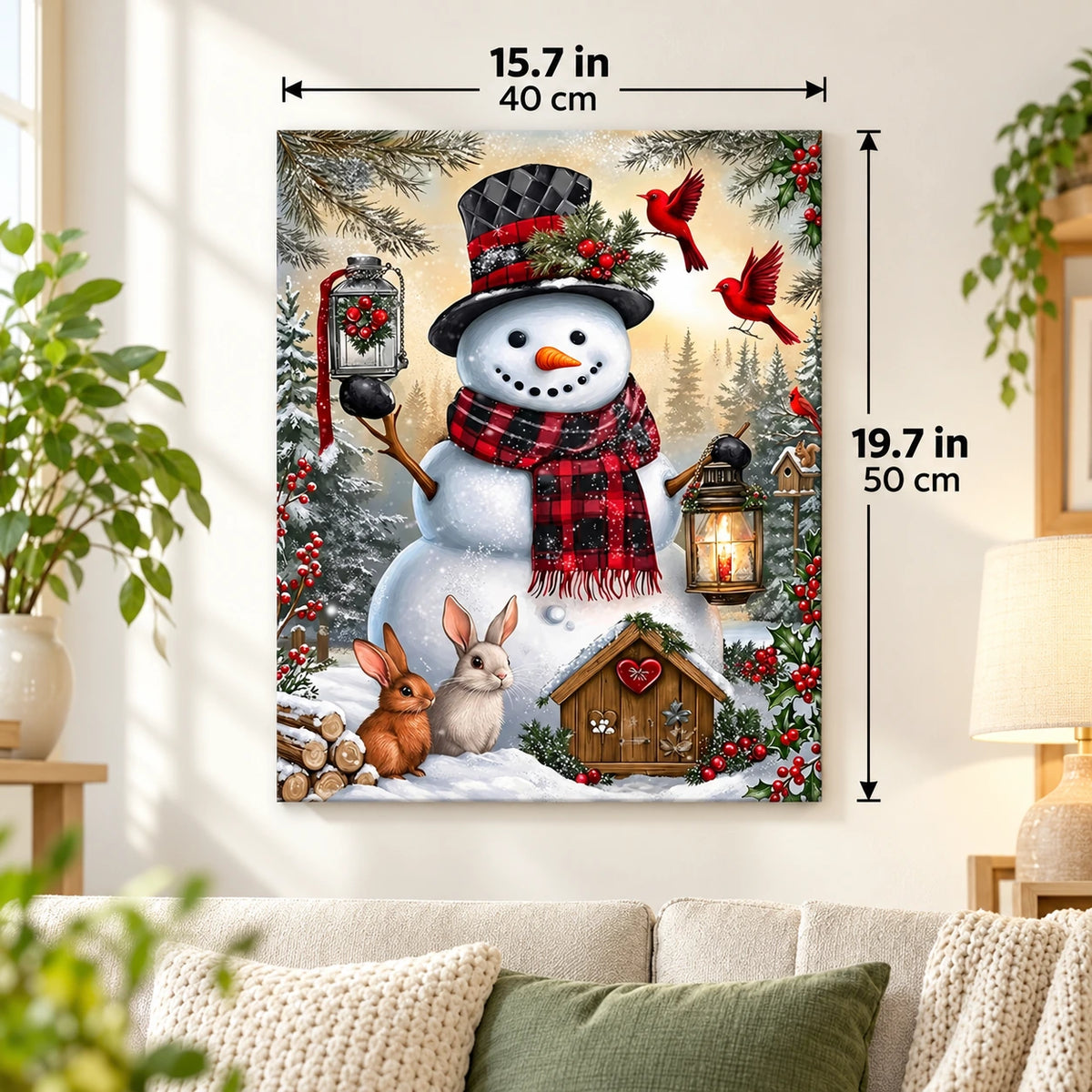 Snowfall Woodland Welcome Snowman paint by numbers canvas displayed in a bright living room, 15.7 × 19.7 in / 40 × 50 cm