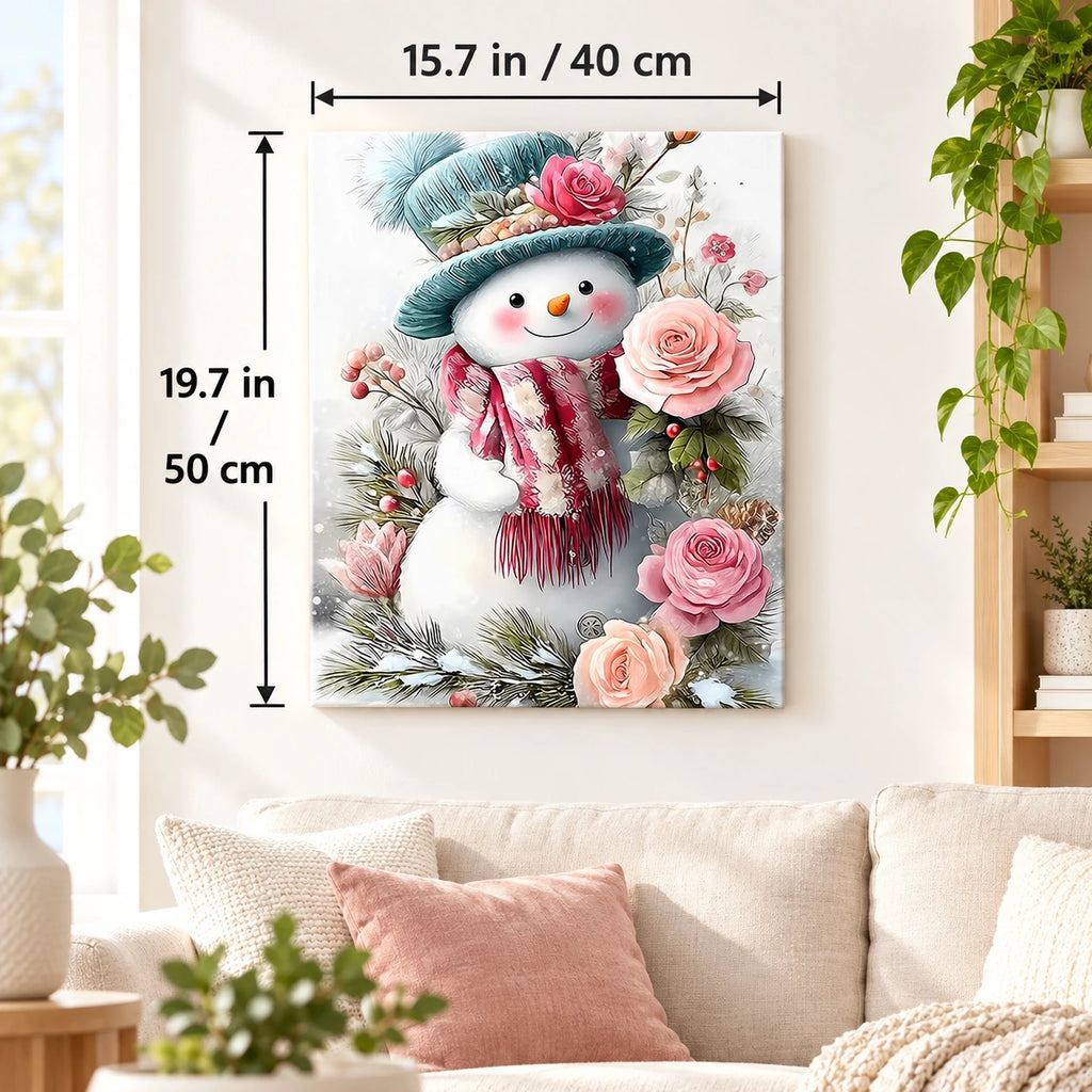 Snowman Among Winter Roses paint by numbers canvas displayed in a bright living room, 15.7 × 19.7 in / 40 × 50 cm