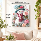 Snowman Among Winter Roses paint by numbers canvas displayed in a bright living room, 15.7 × 19.7 in / 40 × 50 cm