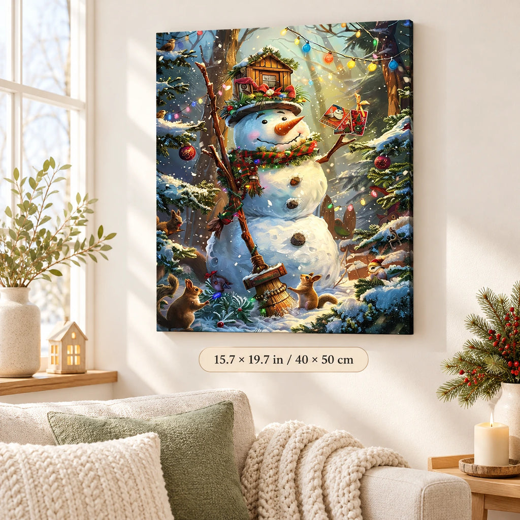 Snowman’s Festive Forest paint by numbers canvas displayed in a bright living room, 15.7 × 19.7 in / 40 × 50 cm