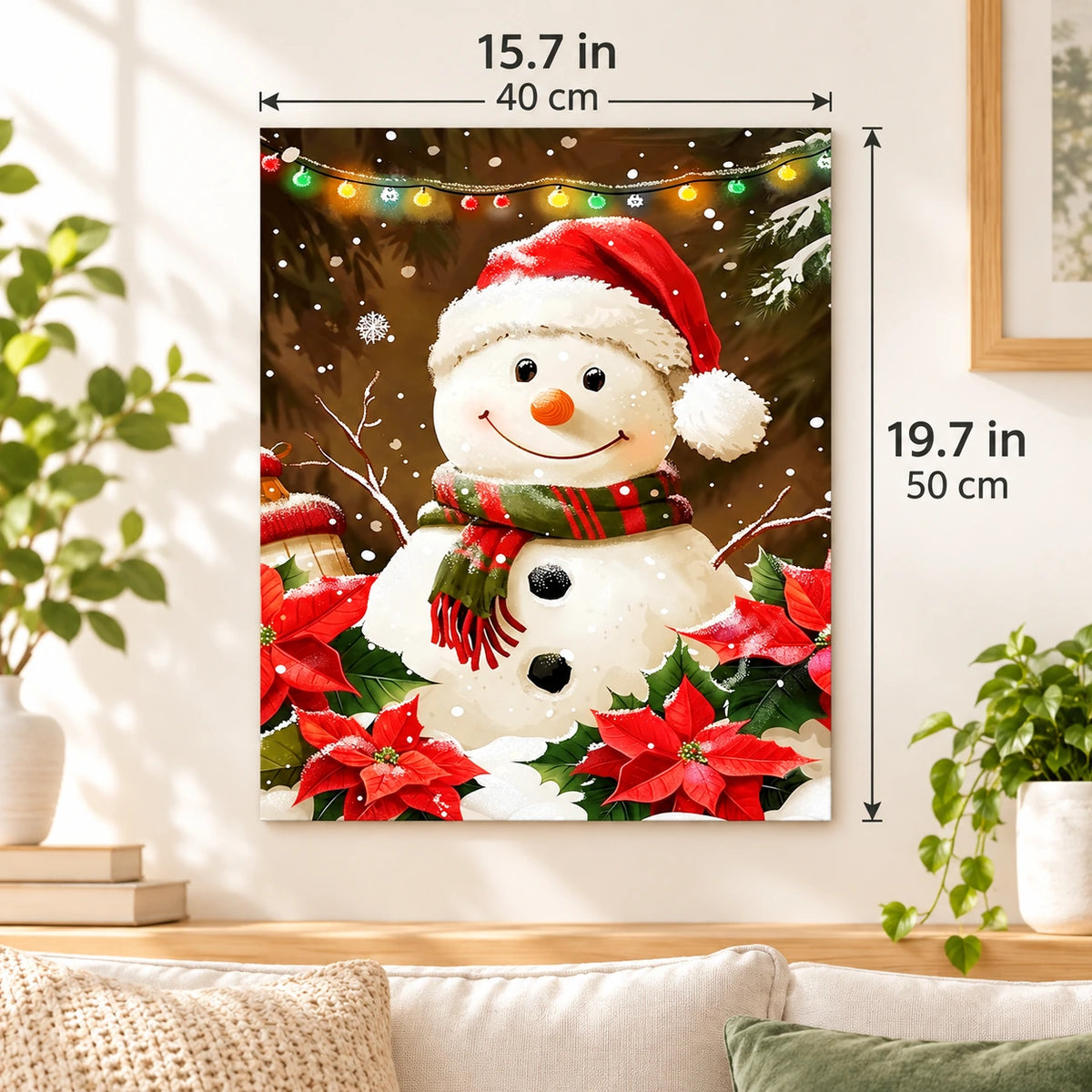 Snowman Poinsettia Celebration paint by numbers canvas displayed in a bright living room, 15.7 × 19.7 in / 40 × 50 cm