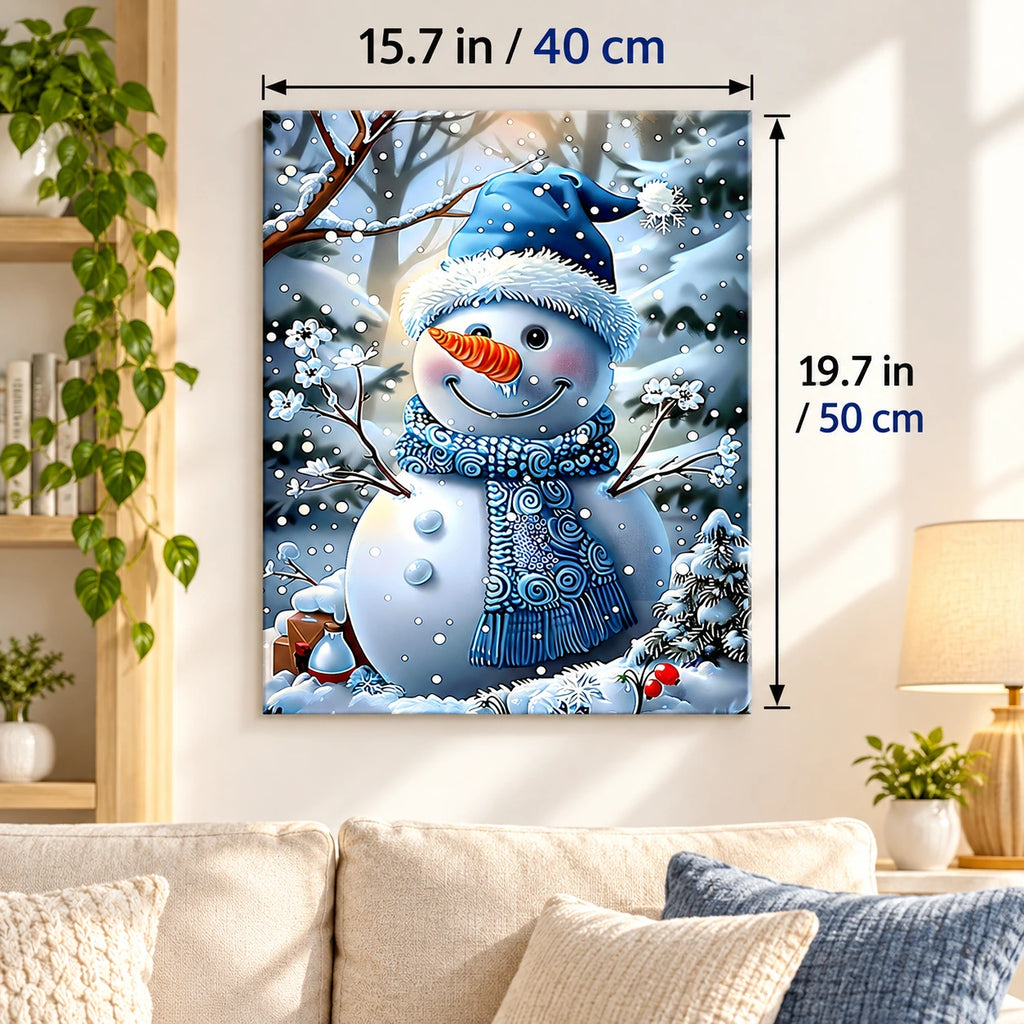 Snowman Winter Garden paint by numbers canvas displayed in a bright living room, 15.7 × 19.7 in / 40 × 50 cm