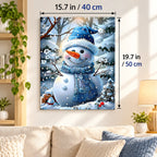 Snowman Winter Garden paint by numbers canvas displayed in a bright living room, 15.7 × 19.7 in / 40 × 50 cm