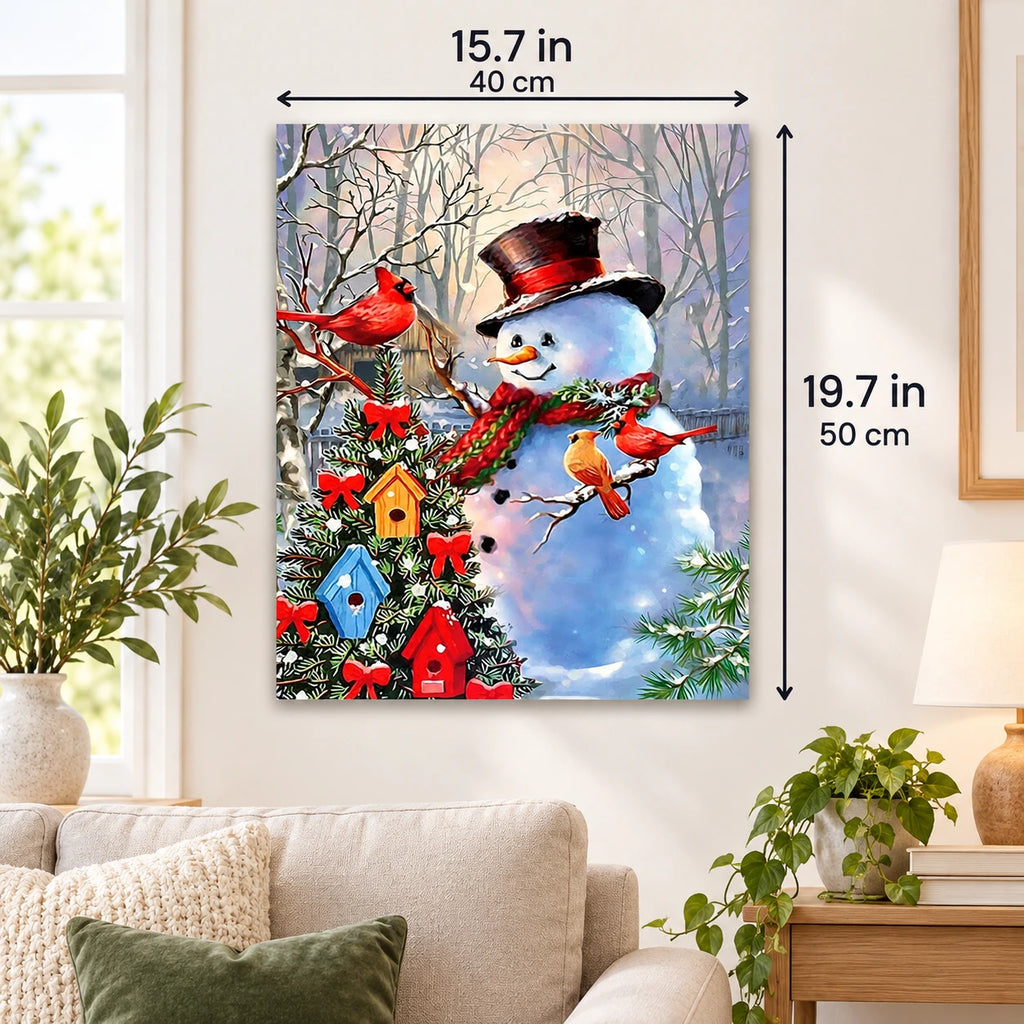 Snowman Festive Bird Garden paint by numbers canvas displayed in a bright living room, 15.7 × 19.7 in / 40 × 50 cm