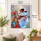 Snowman Festive Bird Garden paint by numbers canvas displayed in a bright living room, 15.7 × 19.7 in / 40 × 50 cm