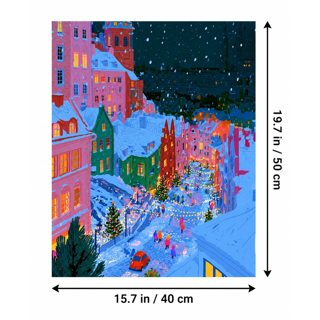 Snowy Alpine Village Christmas Street with Red Car canvas in a styled room, 15.7 × 19.7 in / 40 × 50 cm