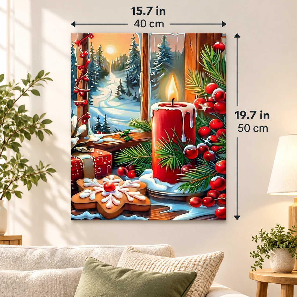 Snowy Candlelit Christmas Window paint by numbers canvas displayed in a bright living room, 15.7 × 19.7 in / 40 × 50 cm