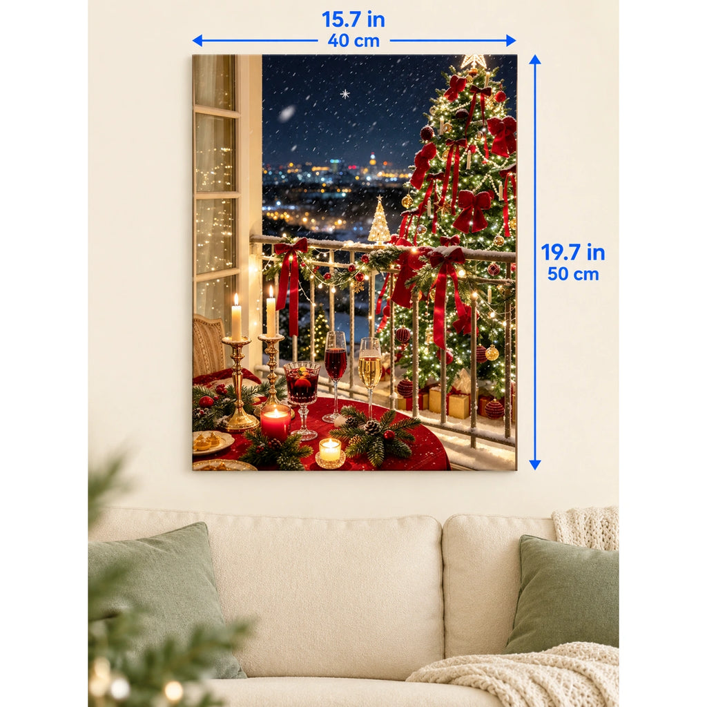 Snowy Christmas Balcony with Red Bow Tree canvas in a styled room, 15.7 × 19.7 in / 40 × 50 cm