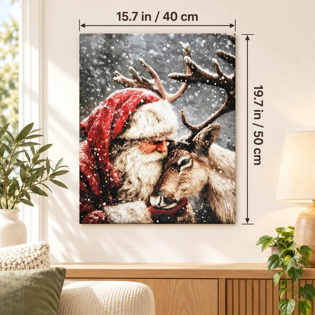 Snowy Christmas Companions Santa and Reindeer paint by numbers canvas displayed in a bright living room, 15.7 × 19.7 in / 40 × 50 cm