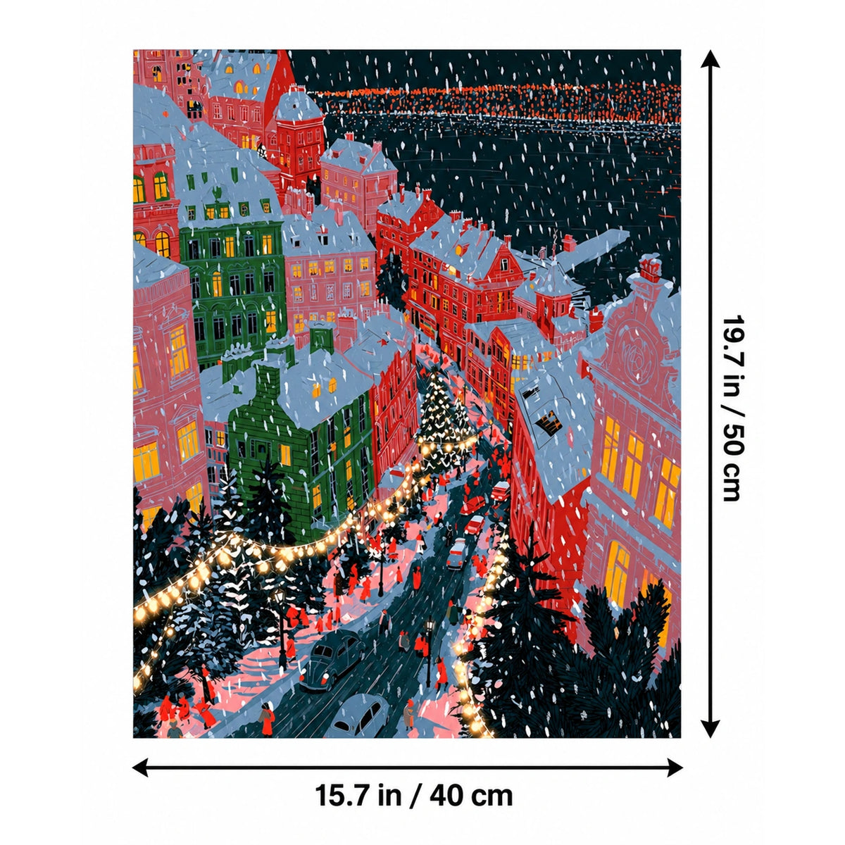 Snowy Christmas Town Square with String Lights canvas in a styled room, 15.7 × 19.7 in / 40 × 50 cm