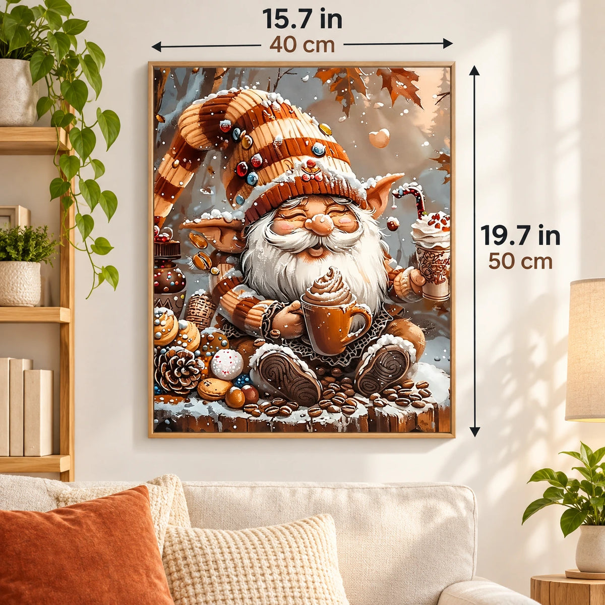 Snowy Gnome Coffee Break paint by numbers canvas displayed in a bright living room, 15.7 × 19.7 in / 40 × 50 cm