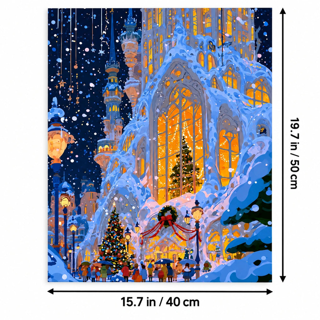 Snowy Gothic Church with Stained Glass at Christmas canvas in a styled room, 15.7 × 19.7 in / 40 × 50 cm