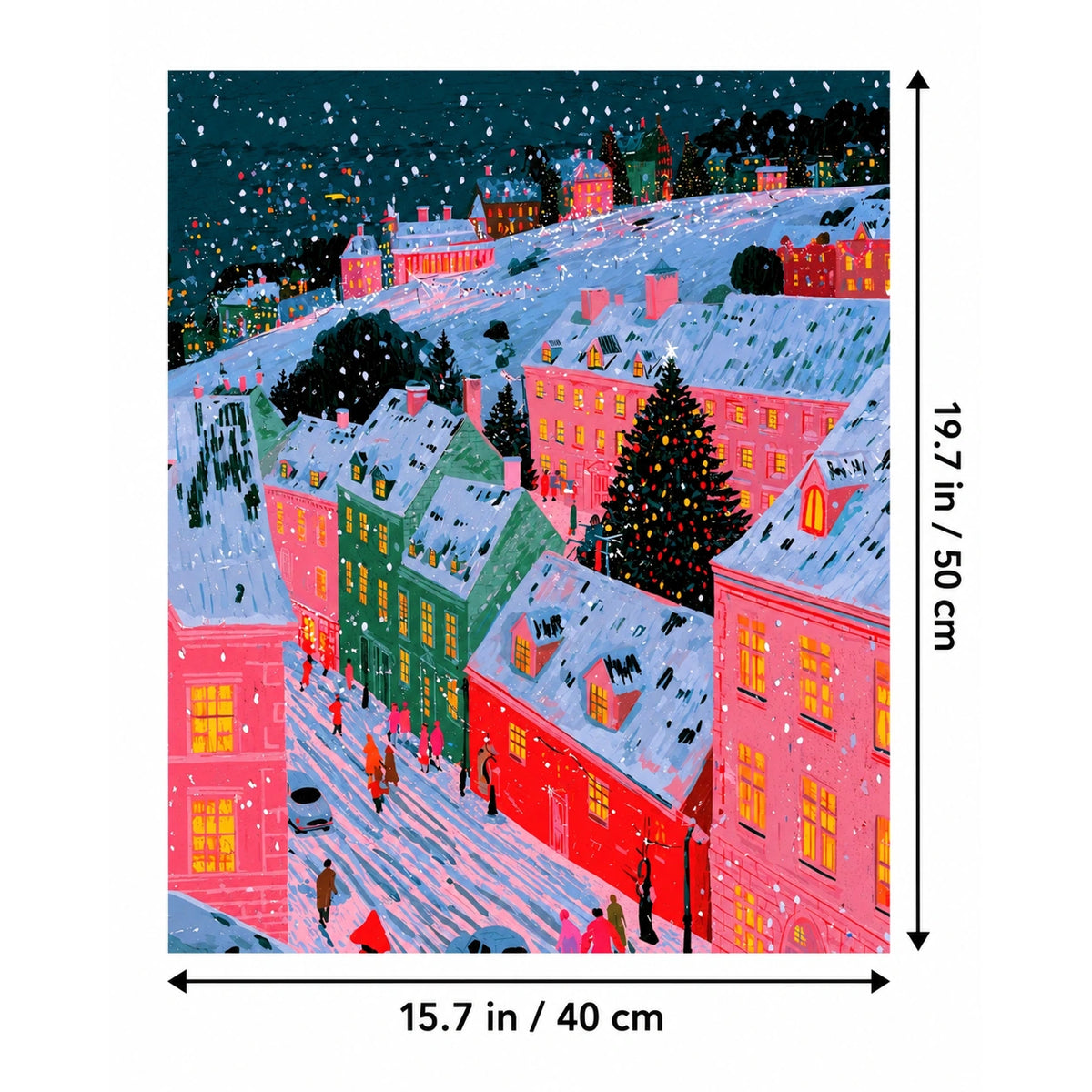 Snowy Pink Alpine Village Christmas Tree canvas in a styled room, 15.7 × 19.7 in / 40 × 50 cm