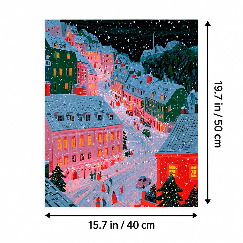 Snowy Pink and Green European Christmas Street canvas in a styled room, 15.7 × 19.7 in / 40 × 50 cm