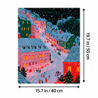Snowy Pink and Green European Christmas Street canvas in a styled room, 15.7 × 19.7 in / 40 × 50 cm