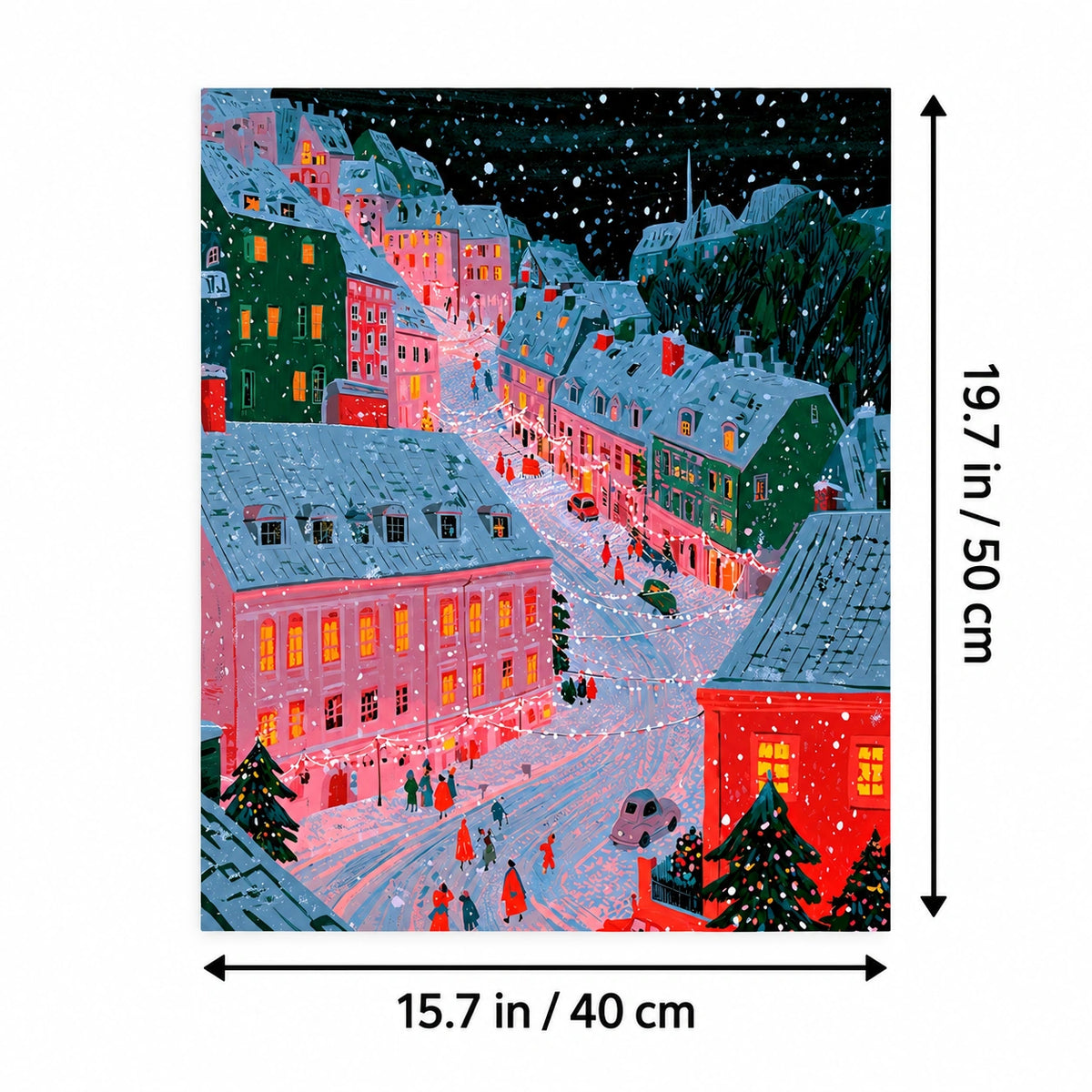Snowy Pink and Green European Christmas Street canvas in a styled room, 15.7 × 19.7 in / 40 × 50 cm