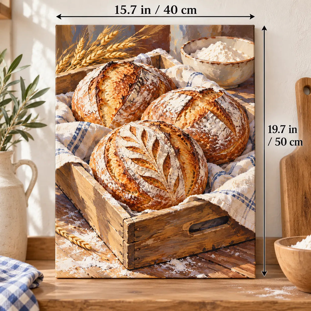 `03-sourdough-loaves-bakery-crate-size-guide.webp` — Portrait size guide for the Sourdough Loaves Bakery Crate paint by numbers kit, 15.7 × 19.7 in (40 × 50 cm).
