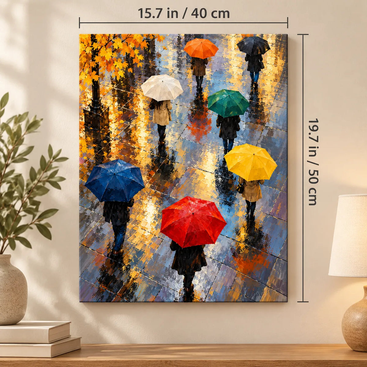 Spring Rain Parade Umbrellas paint by numbers kit shown in a styled room with 15.7 × 19.7 in (40 × 50 cm) dimensions