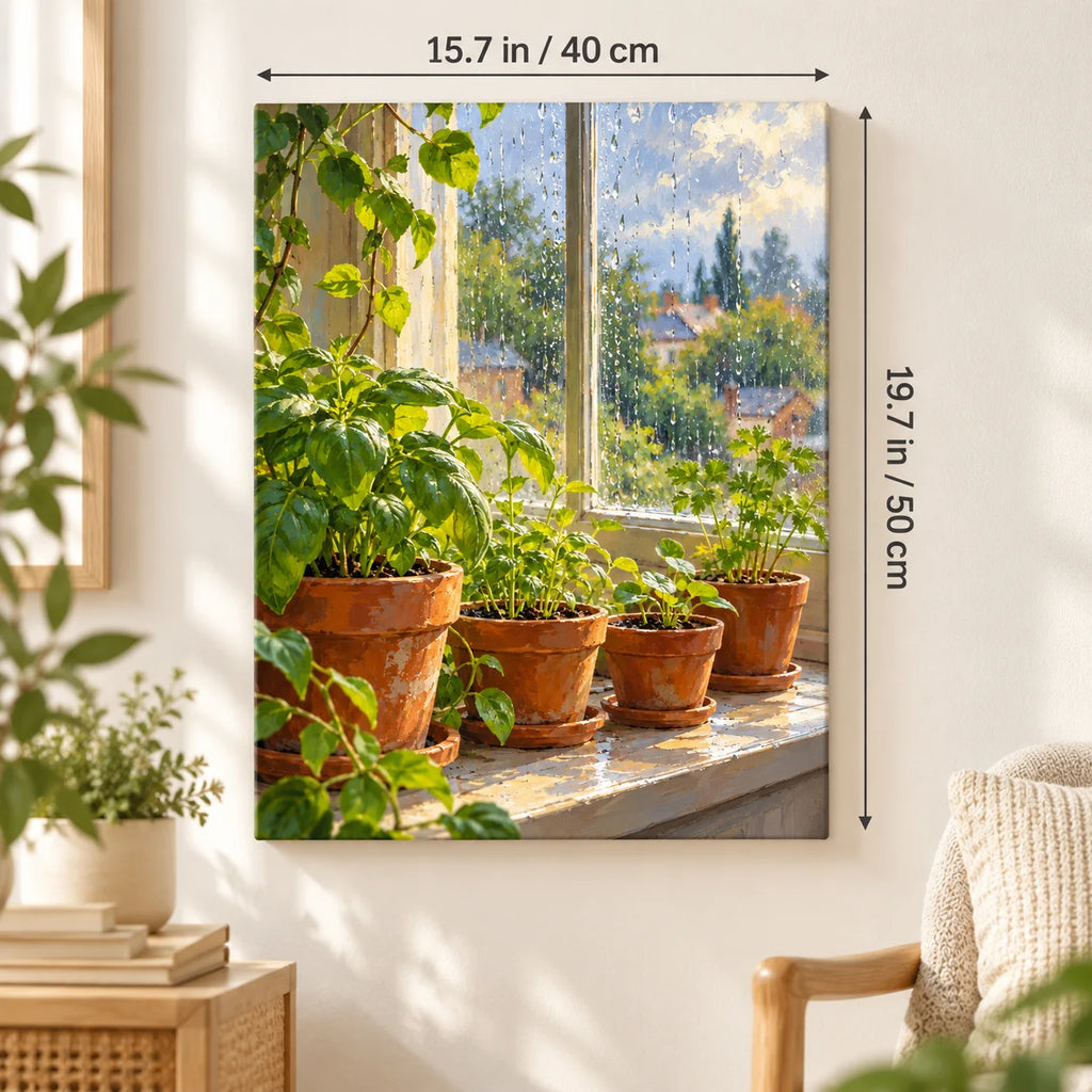 Spring Seedlings Rainy Day Paint by Numbers Kit shown in a styled room, sized 15.7 × 19.7 in (40 × 50 cm).