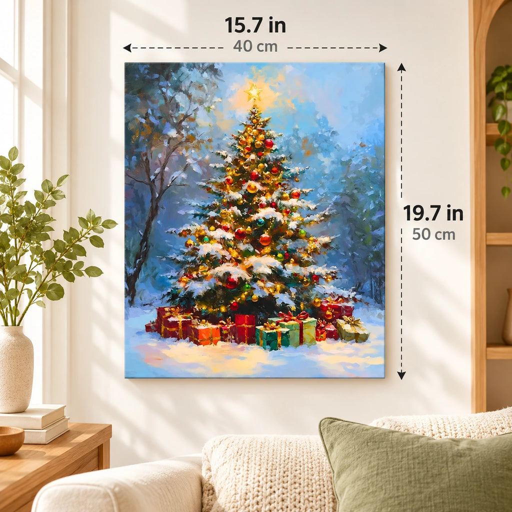 Star Above the Snowy Tree paint by numbers canvas displayed in a bright living room, 15.7 × 19.7 in / 40 × 50 cm