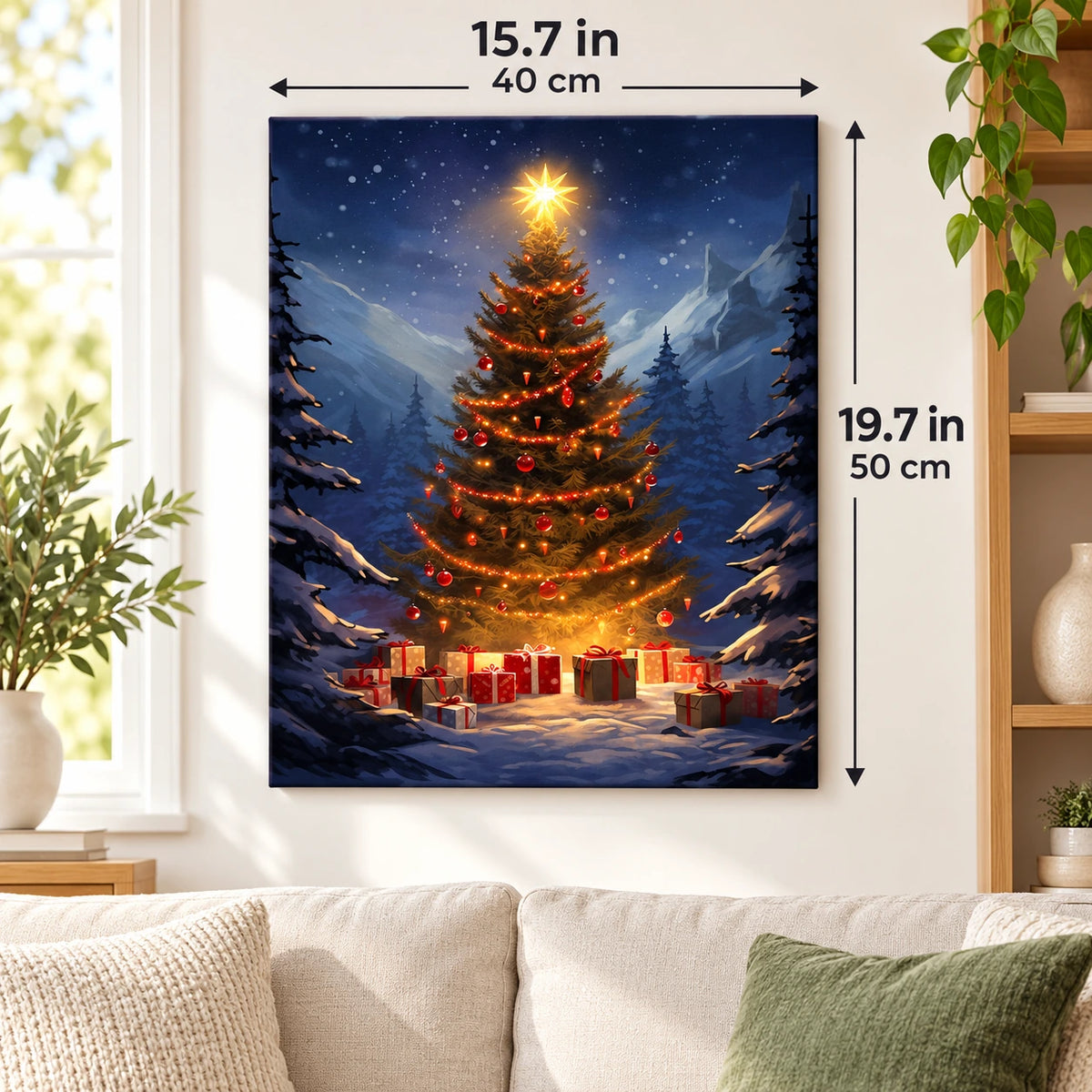 Star Over the Snowy Pines paint by numbers canvas displayed in a bright living room, 15.7 × 19.7 in / 40 × 50 cm