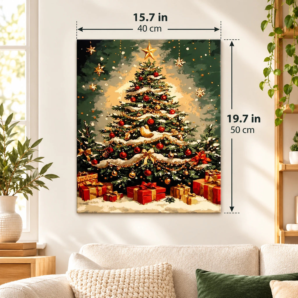 Star Topped Christmas Glow Tree paint by numbers canvas displayed in a bright living room, 15.7 × 19.7 in / 40 × 50 cm