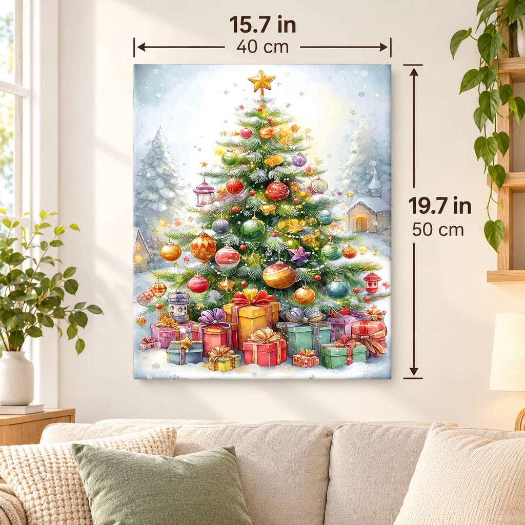 Star Topped Christmas Village paint by numbers canvas displayed in a bright living room, 15.7 × 19.7 in / 40 × 50 cm