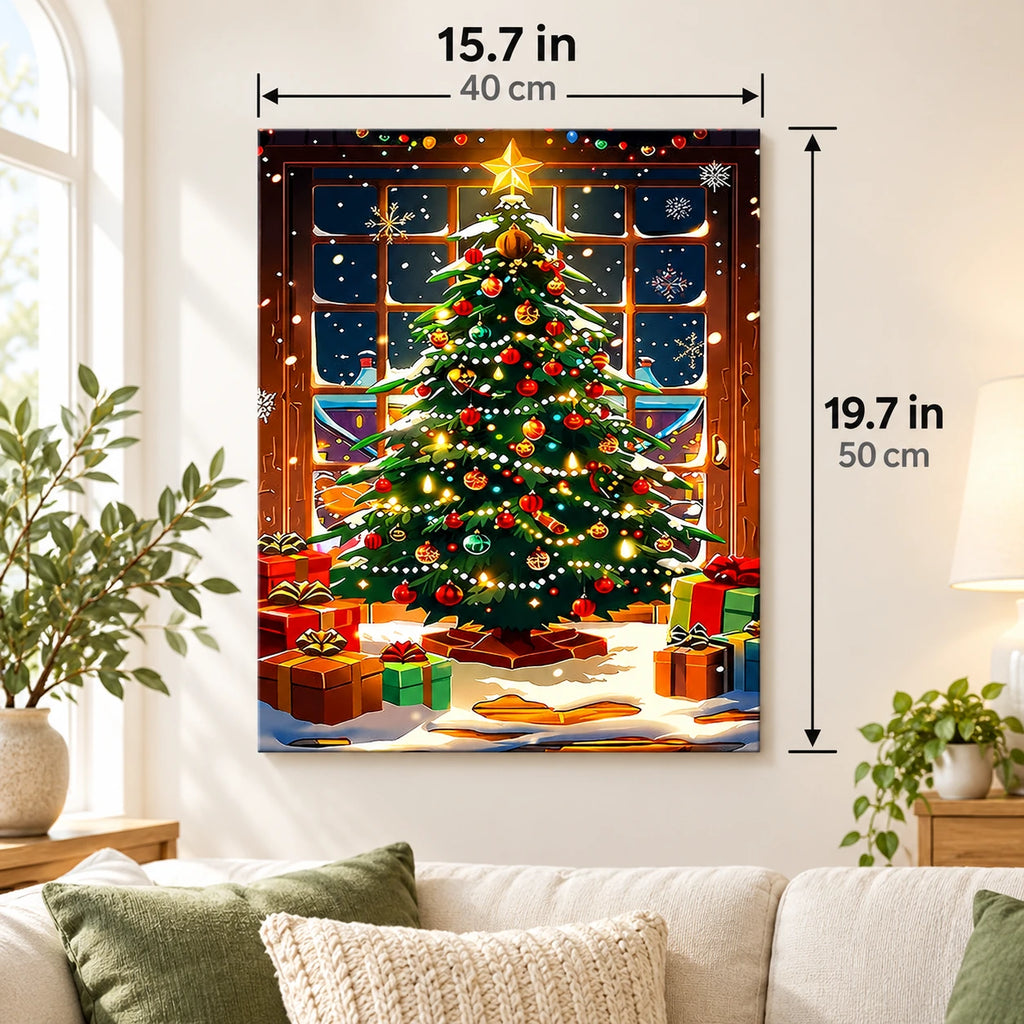 Starbright Christmas Tree by the Window paint by numbers canvas displayed in a bright living room, 15.7 × 19.7 in / 40 × 50 cm