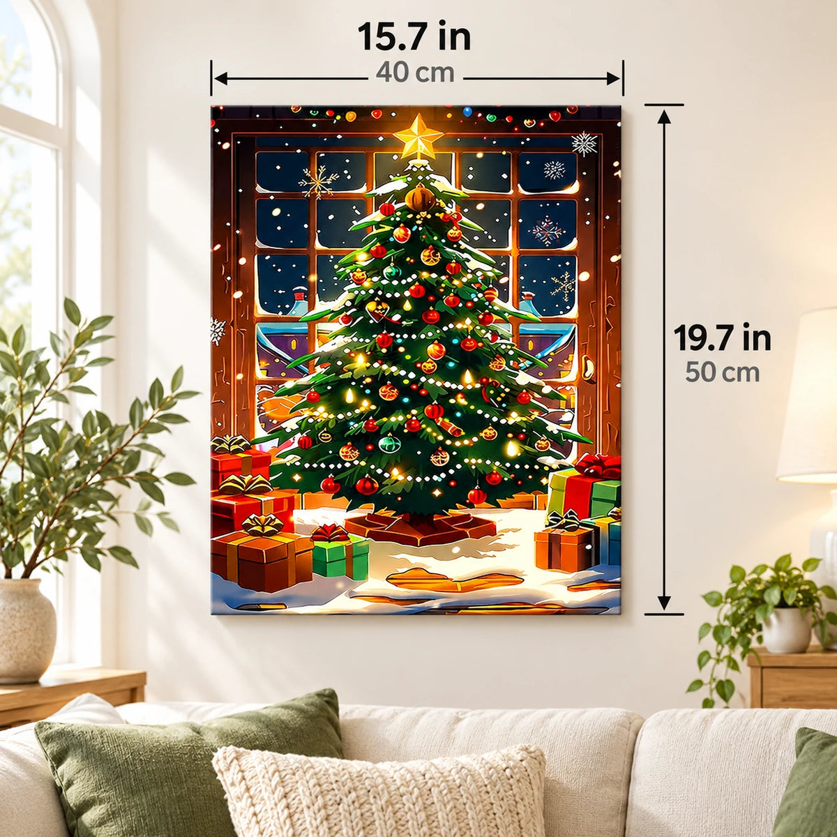 Starbright Christmas Tree by the Window paint by numbers canvas displayed in a bright living room, 15.7 × 19.7 in / 40 × 50 cm