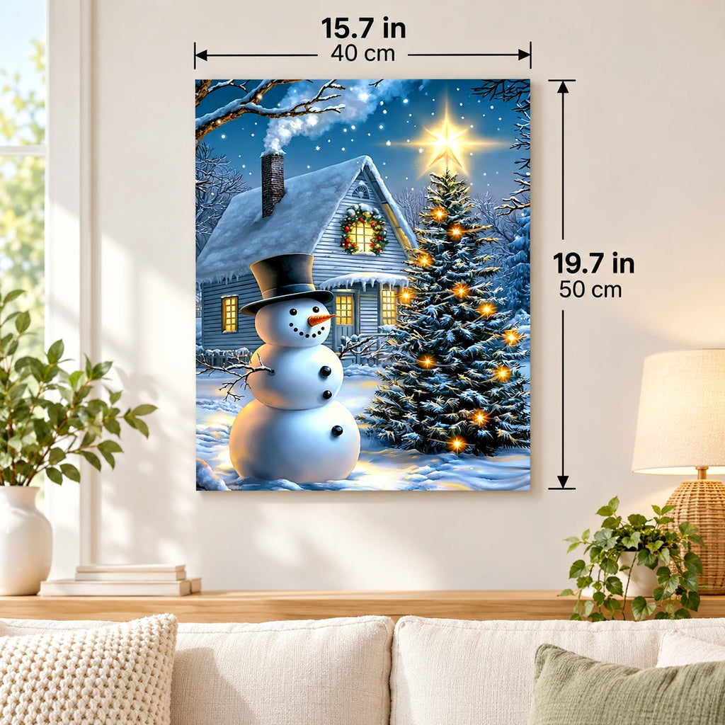 Starlit Christmas Cabin Snowman paint by numbers canvas displayed in a bright living room, 15.7 × 19.7 in / 40 × 50 cm