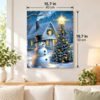 Starlit Christmas Cabin Snowman paint by numbers canvas displayed in a bright living room, 15.7 × 19.7 in / 40 × 50 cm