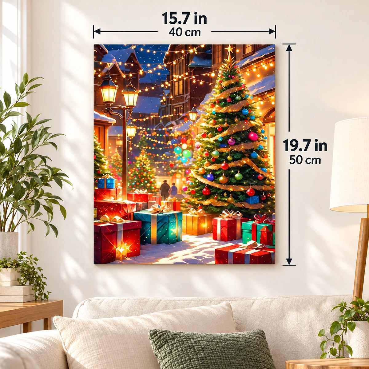 Starlit Christmas Village paint by numbers canvas displayed in a bright living room, 15.7 × 19.7 in / 40 × 50 cm