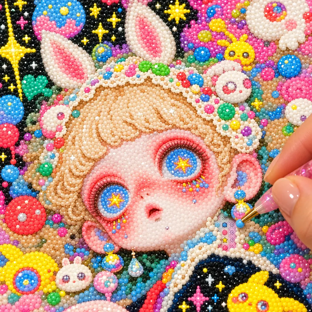 Hands placing drills on the starry bunny girl diamond painting canvas