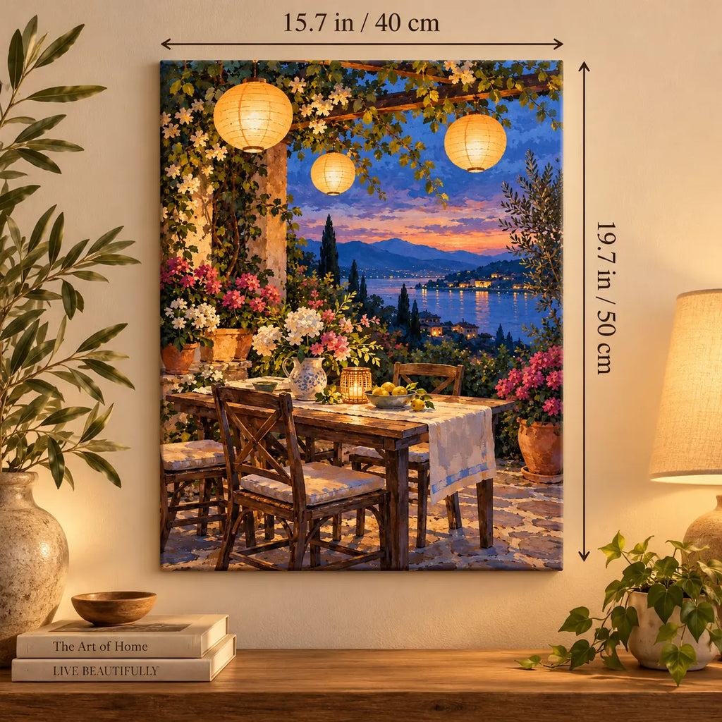 Summer Solstice Lantern Garden Paint by Numbers Kit shown in a styled room, sized 15.7 × 19.7 in (40 × 50 cm).