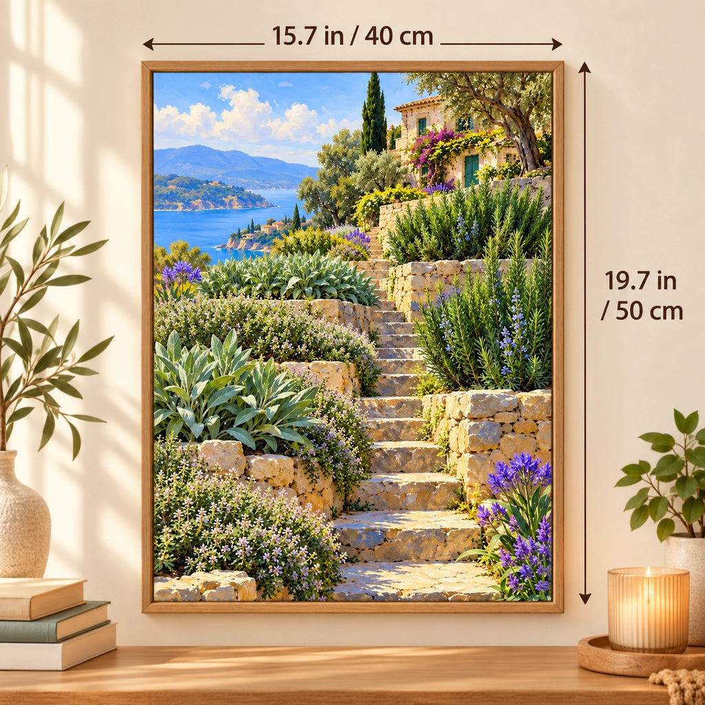 Sunlit Herb Terraces paint by numbers canvas shown with 15.7 × 19.7 in (40 × 50 cm) dimensions