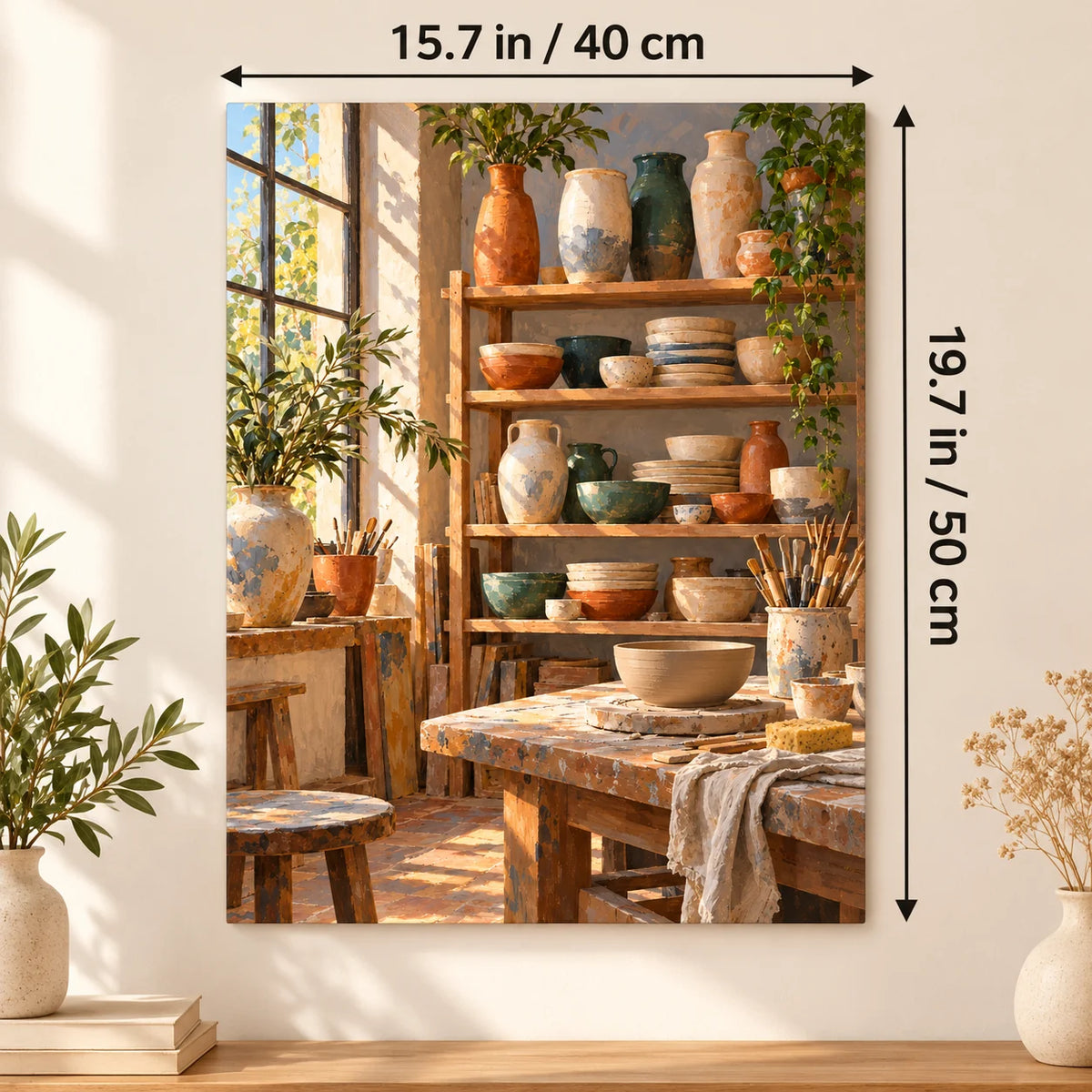 `03-sunlit-pottery-studio-ceramic-shelves-size-guide.webp` — Portrait size guide for the pottery studio paint by numbers canvas, 15.7 × 19.7 in (40 × 50 cm).