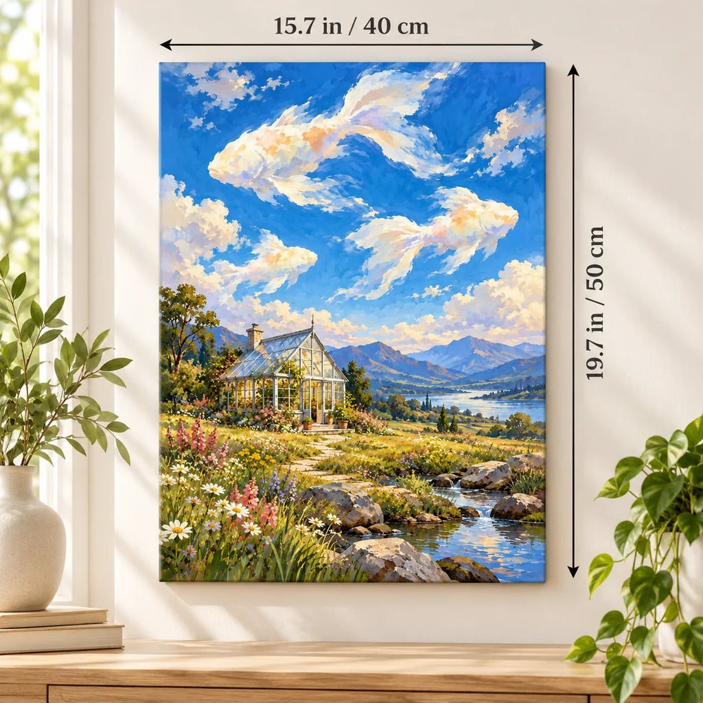 Portrait size guide for the Surreal Greenhouse Fish Clouds paint by numbers kit, 15.7 × 19.7 in (40 × 50 cm).