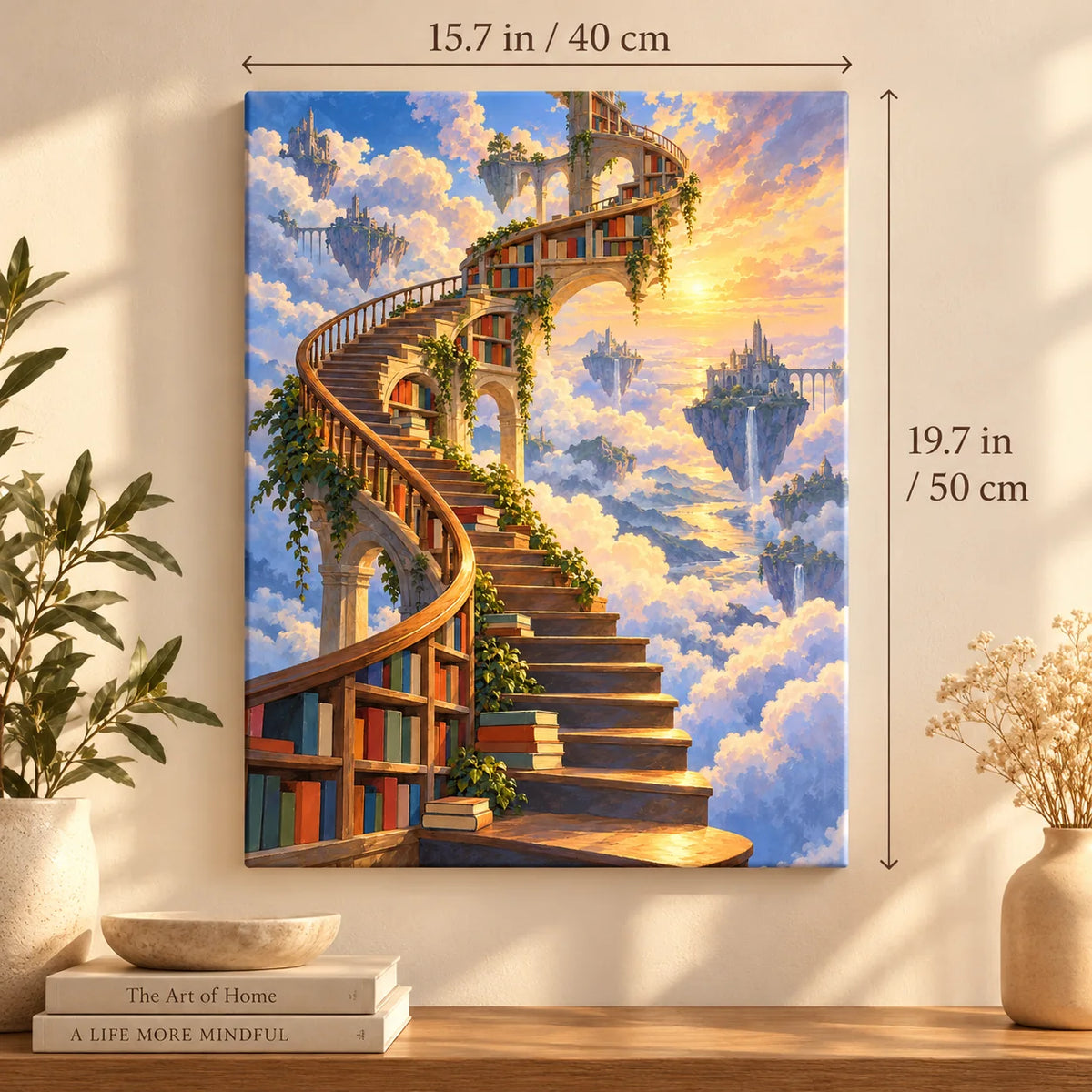 Portrait size guide for the Surreal Library Floating Stairs paint by numbers kit, 15.7 × 19.7 in (40 × 50 cm).
