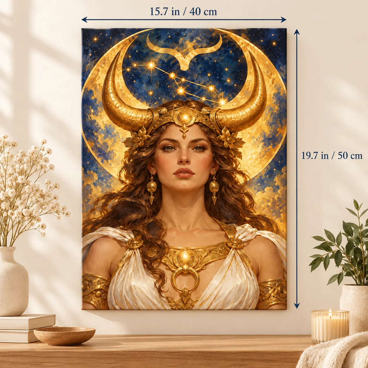 Portrait size guide for the Taurus moon goddess paint by numbers canvas, 15.7 × 19.7 in (40 × 50 cm).