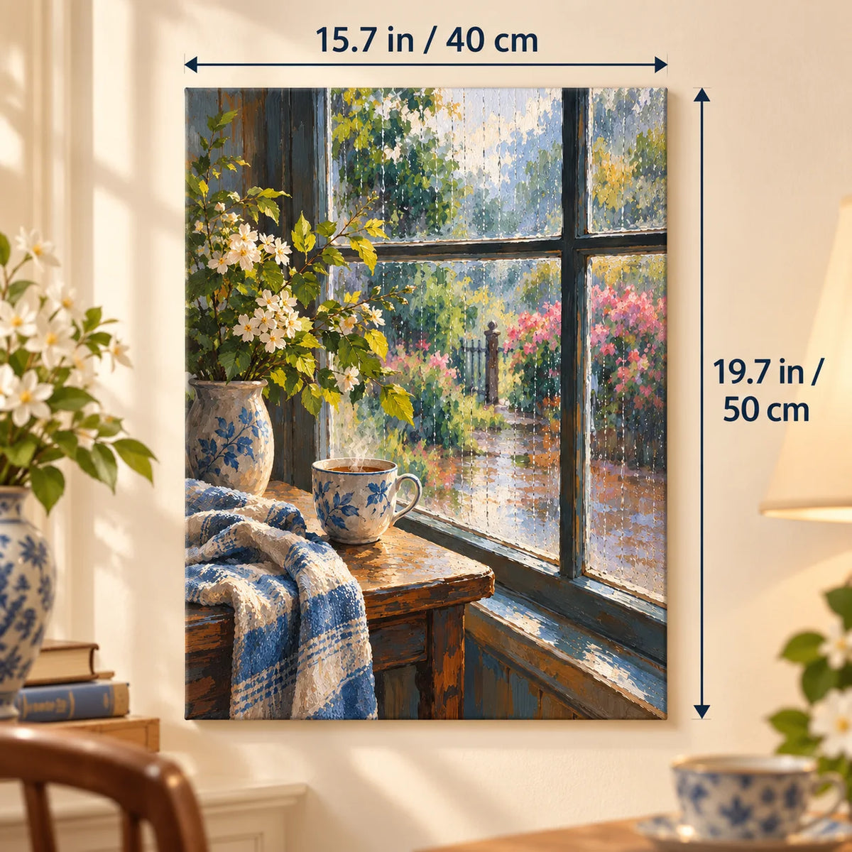 `03-tea-room-window-rain-size-guide.webp` — Portrait size guide for the Tea Room Window Rain paint by numbers kit, 15.7 × 19.7 in (40 × 50 cm).