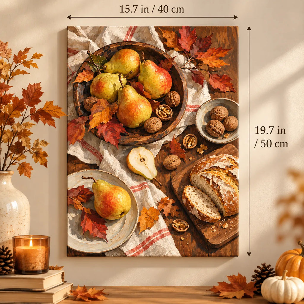 Thanksgiving Pear Walnut Table Paint by Numbers Kit shown in a styled room with 15.7 × 19.7 in (40 × 50 cm) dimensions.