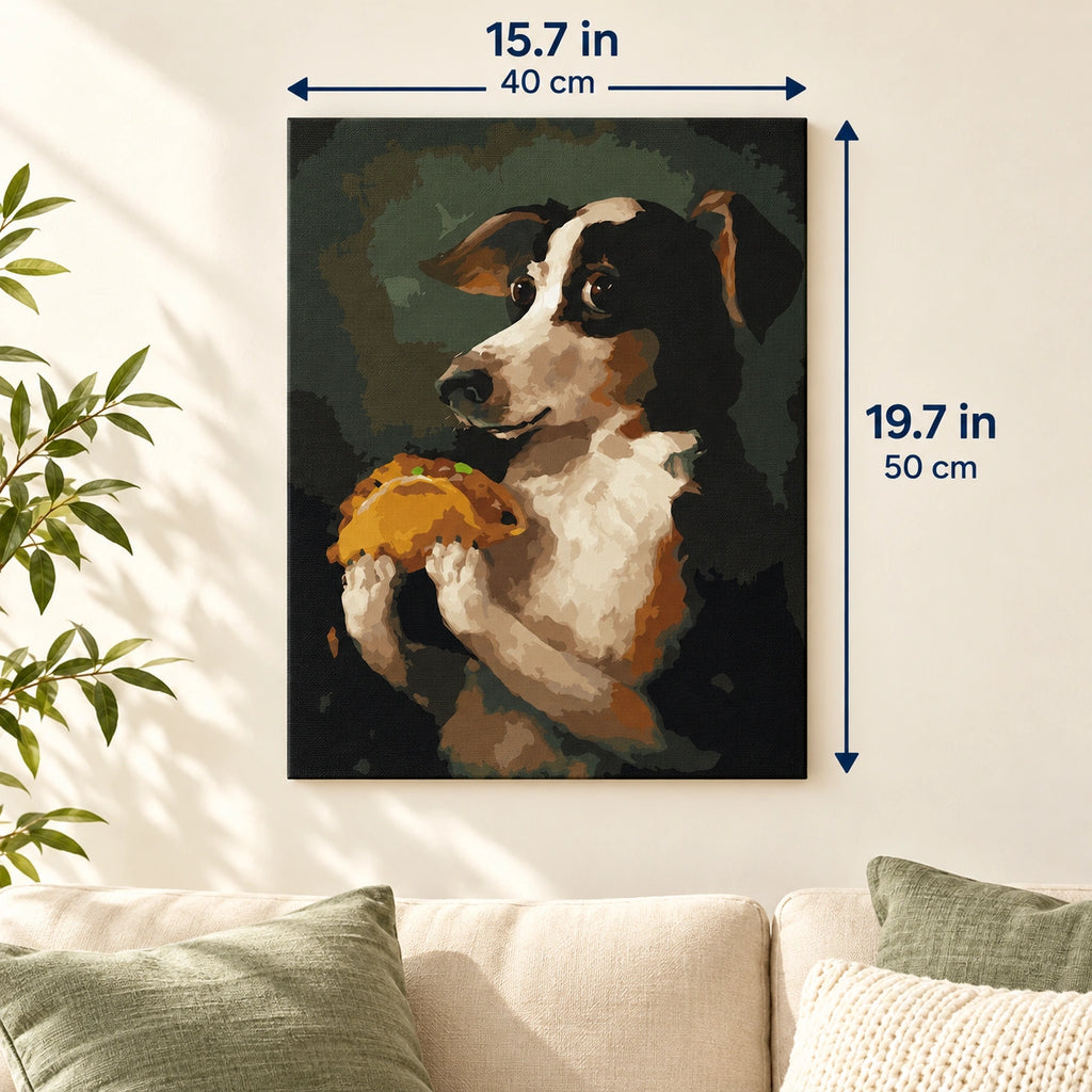 Tricolor Puppy Holding a Hamburger canvas in a styled room, 15.7 × 19.7 in / 40 × 50 cm.