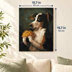Tricolor Puppy Holding a Hamburger canvas in a styled room, 15.7 × 19.7 in / 40 × 50 cm.