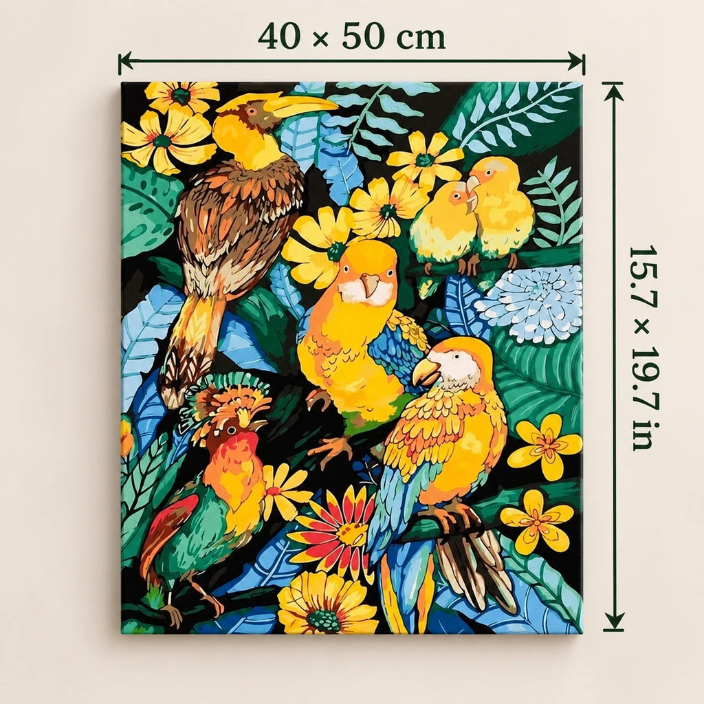 Tropical Toucans Jungle Flowers shown in a styled room with 15.7 x 19.7 in and 40 x 50 cm dimensions