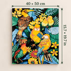 Tropical Toucans Jungle Flowers shown in a styled room with 15.7 x 19.7 in and 40 x 50 cm dimensions